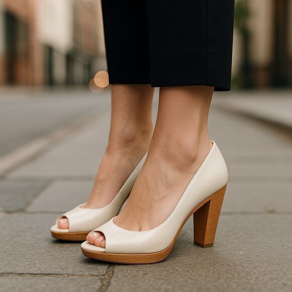 ALDO Peeptoe Platform Pumps 38 8 Heels Bone Leather Acrylic Heel Detail - Picture 16 of 16